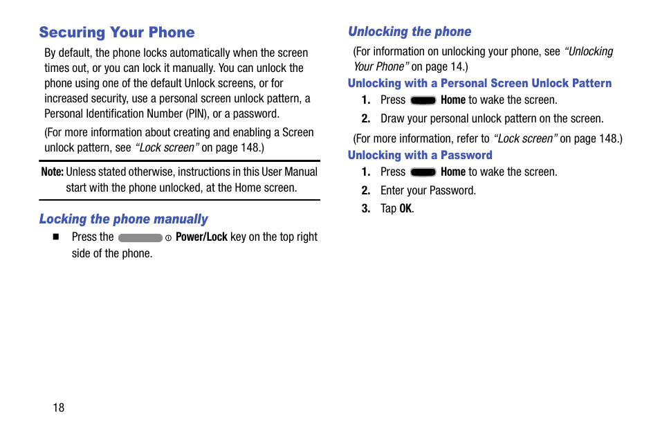 Securing your phone, Locking the phone manually, Unlocking the phone | Unlocking with a personal screen unlock pattern, Unlocking with a password | Samsung SCH-R960ZKAUSC User Manual | Page 26 / 199