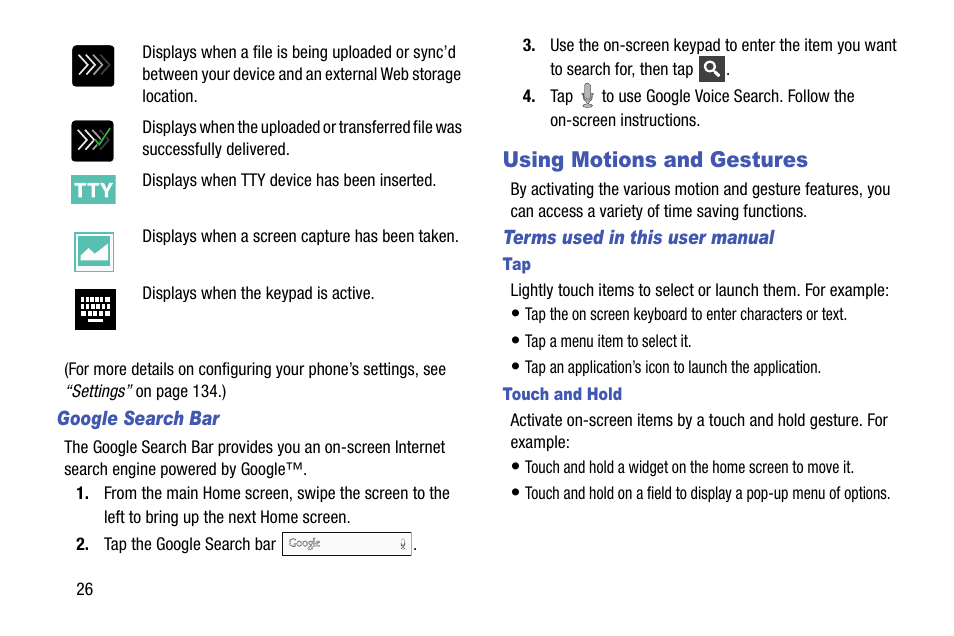 Google search bar, Using motions and gestures, Terms used in this user manual | Touch and hold | Samsung SCH-R960ZKAUSC User Manual | Page 34 / 199