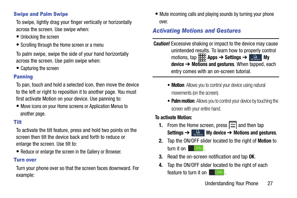 Swipe and palm swipe, Panning, Tilt | Turn over, Activating motions and gestures | Samsung SCH-R960ZKAUSC User Manual | Page 35 / 199