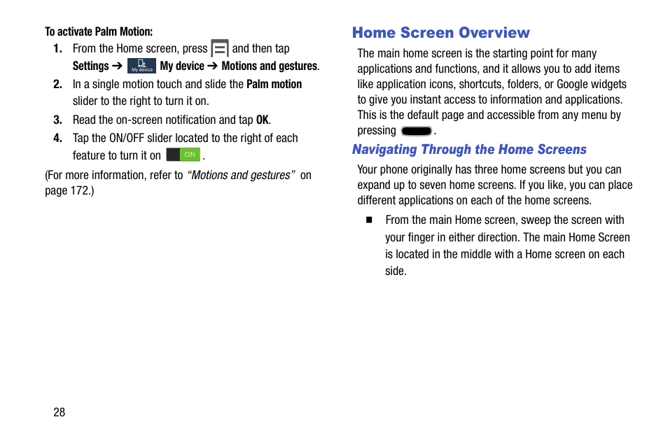 Home screen overview, Navigating through the home screens | Samsung SCH-R960ZKAUSC User Manual | Page 36 / 199