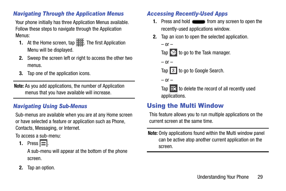 Navigating through the application menus, Navigating using sub-menus, Accessing recently-used apps | Using the multi window | Samsung SCH-R960ZKAUSC User Manual | Page 37 / 199