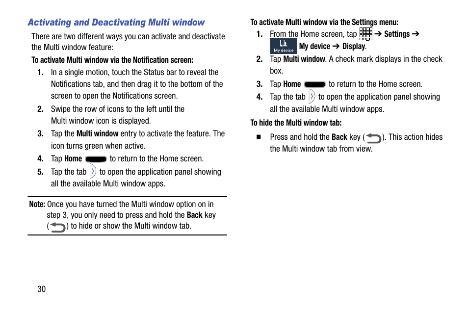 Activating and deactivating multi window | Samsung SCH-R960ZKAUSC User Manual | Page 38 / 199