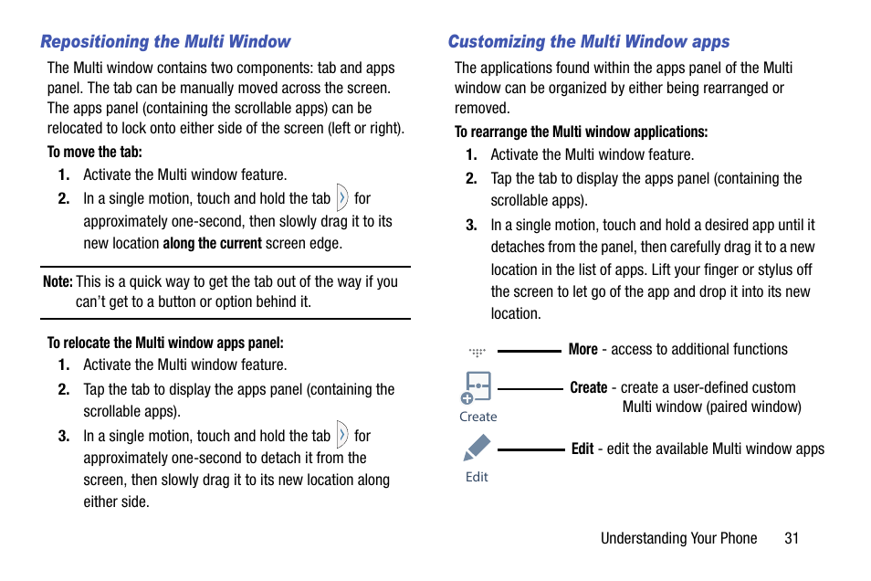 Repositioning the multi window, Customizing the multi window apps | Samsung SCH-R960ZKAUSC User Manual | Page 39 / 199