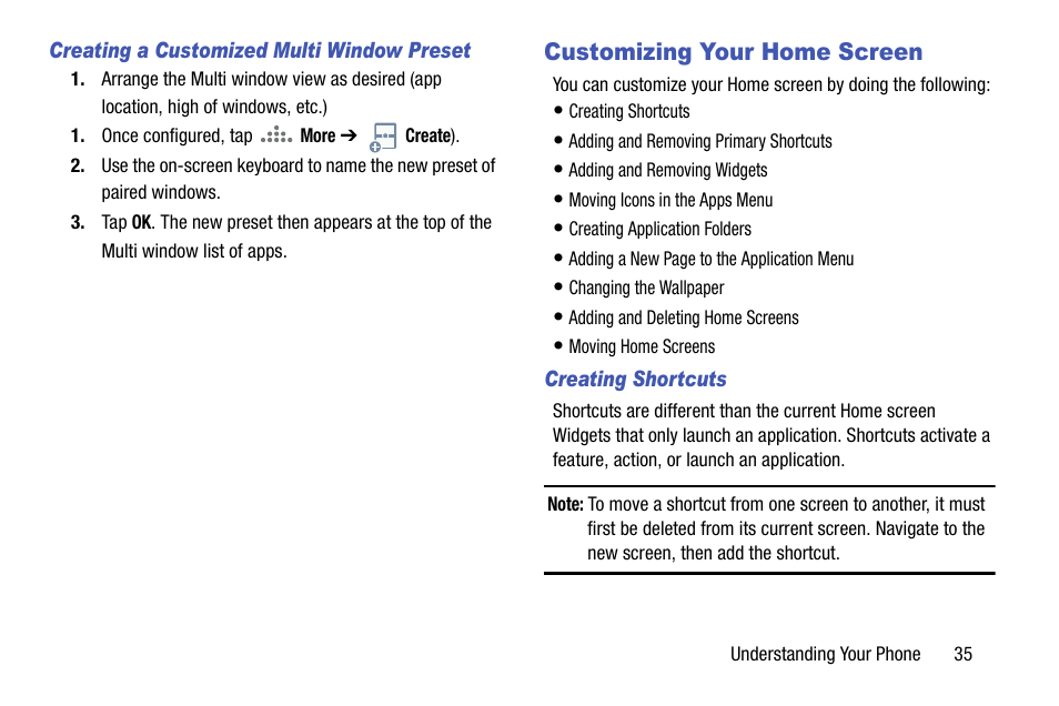 Creating a customized multi window preset, Customizing your home screen, Creating shortcuts | Samsung SCH-R960ZKAUSC User Manual | Page 43 / 199