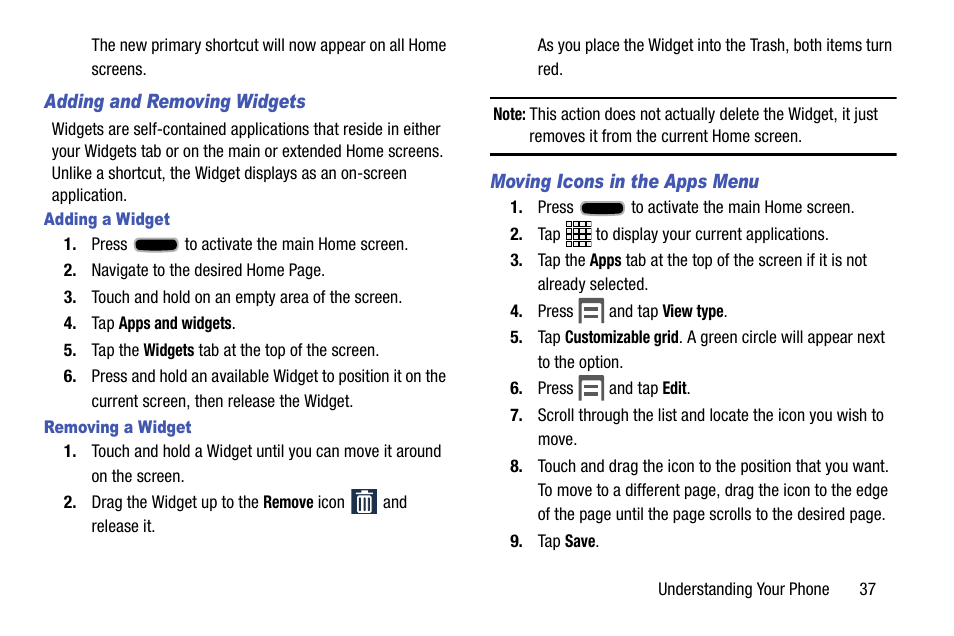 Adding and removing widgets, Adding a widget, Removing a widget | Moving icons in the apps menu | Samsung SCH-R960ZKAUSC User Manual | Page 45 / 199