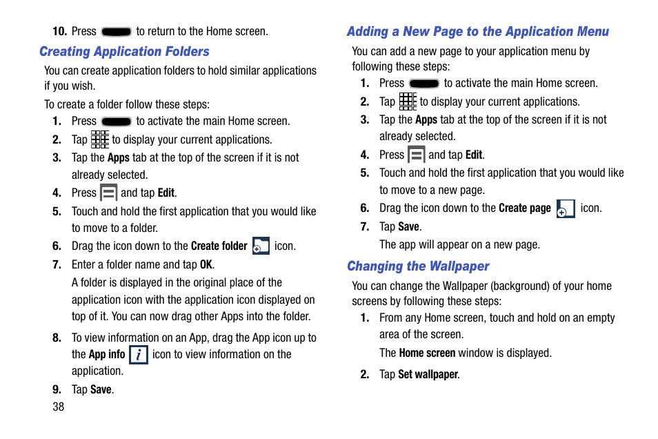 Creating application folders, Changing the wallpaper | Samsung SCH-R960ZKAUSC User Manual | Page 46 / 199