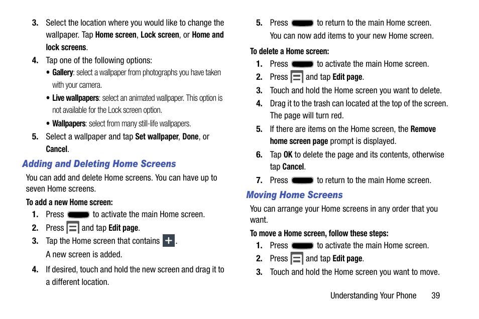 Adding and deleting home screens, Moving home screens | Samsung SCH-R960ZKAUSC User Manual | Page 47 / 199