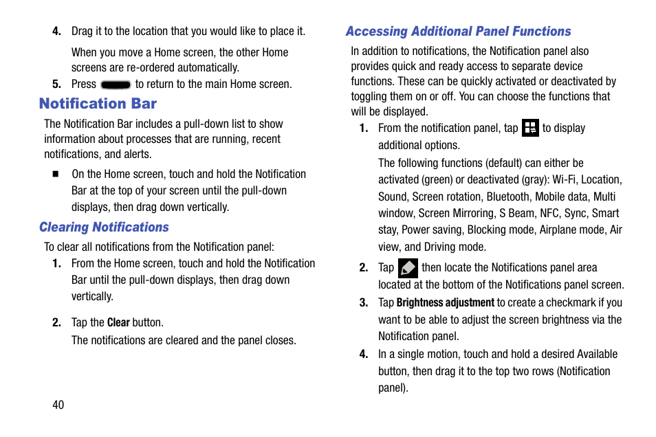 Notification bar, Clearing notifications, Accessing additional panel functions | Samsung SCH-R960ZKAUSC User Manual | Page 48 / 199