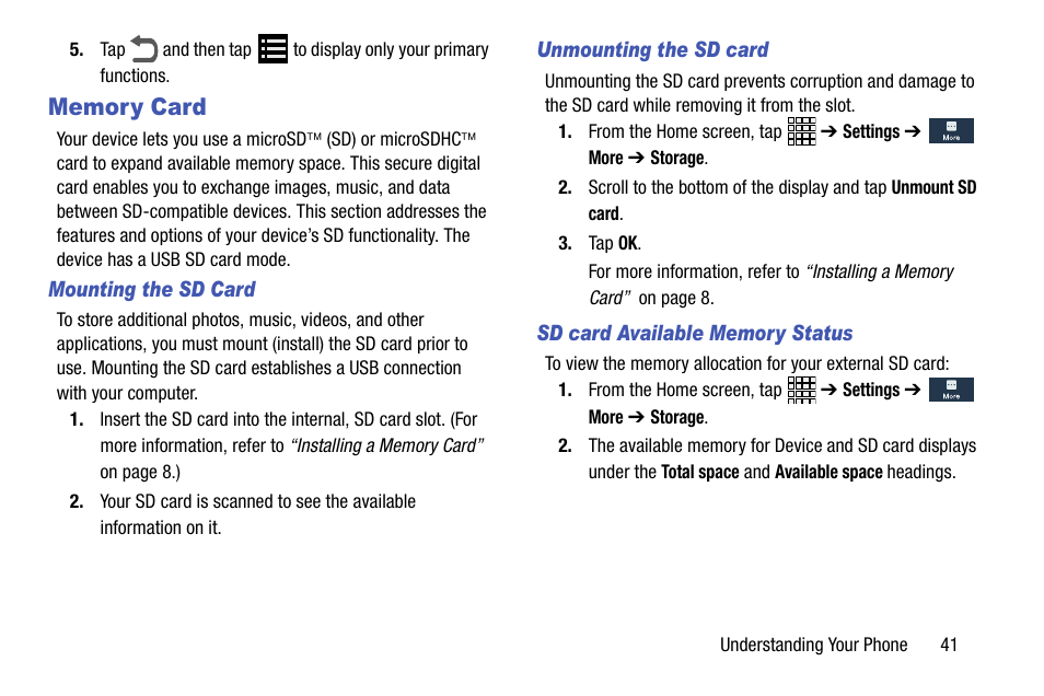 Memory card, Mounting the sd card, Unmounting the sd card | Sd card available memory status | Samsung SCH-R960ZKAUSC User Manual | Page 49 / 199