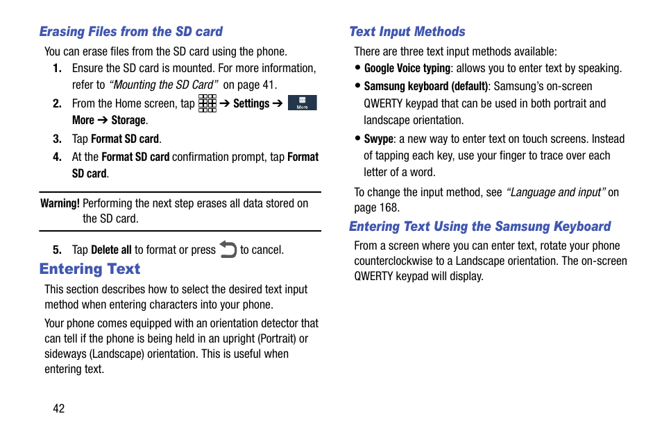 Erasing files from the sd card, Entering text, Text input methods | Entering text using the samsung keyboard | Samsung SCH-R960ZKAUSC User Manual | Page 50 / 199