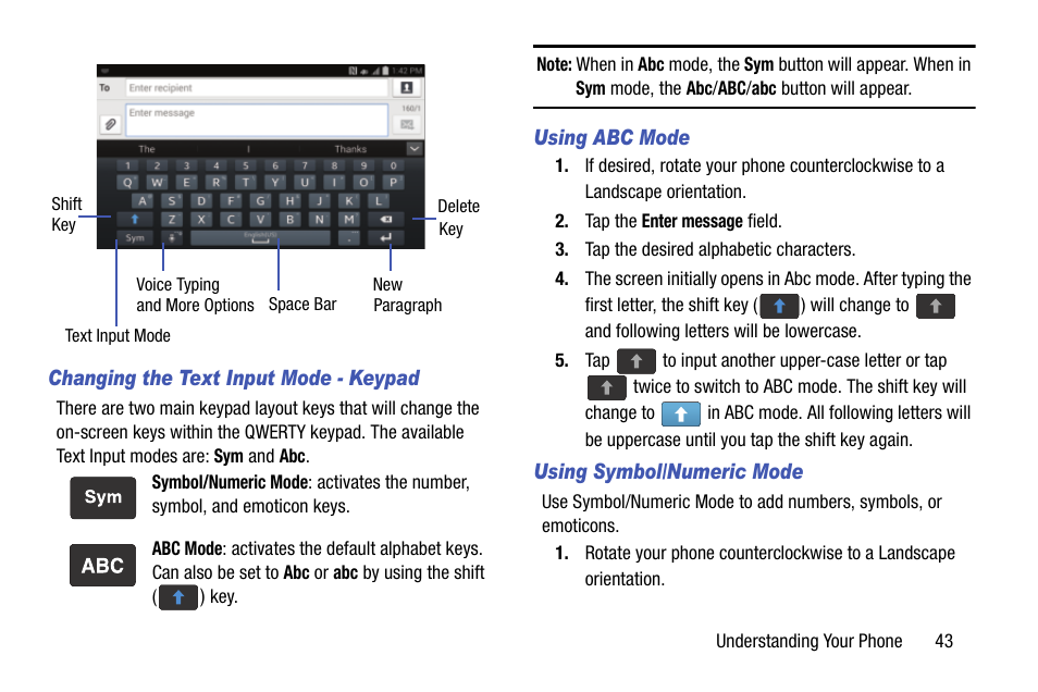Changing the text input mode - keypad, Using abc mode, Using symbol/numeric mode | Samsung SCH-R960ZKAUSC User Manual | Page 51 / 199