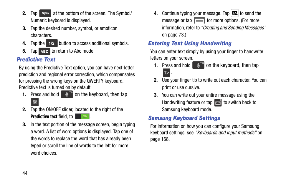 Predictive text, Entering text using handwriting, Samsung keyboard settings | Samsung SCH-R960ZKAUSC User Manual | Page 52 / 199