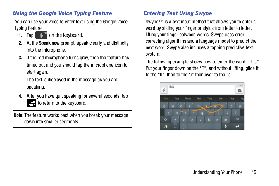 Using the google voice typing feature, Entering text using swype | Samsung SCH-R960ZKAUSC User Manual | Page 53 / 199