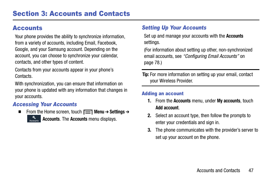 Section 3: accounts and contacts, Accounts, Accessing your accounts | Setting up your accounts, Adding an account | Samsung SCH-R960ZKAUSC User Manual | Page 55 / 199