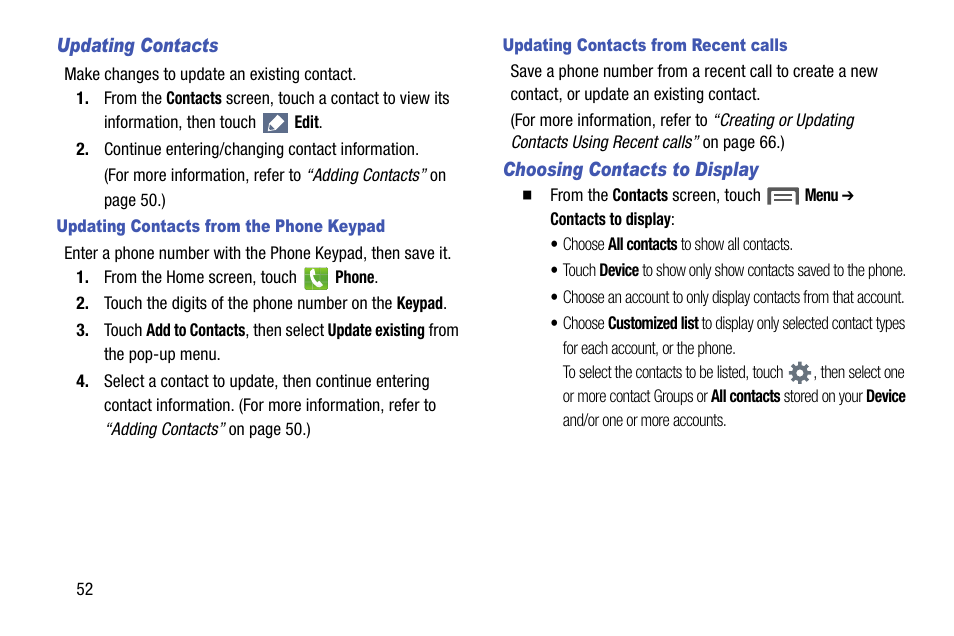 Updating contacts, Updating contacts from the phone keypad, Updating contacts from recent calls | Choosing contacts to display | Samsung SCH-R960ZKAUSC User Manual | Page 60 / 199