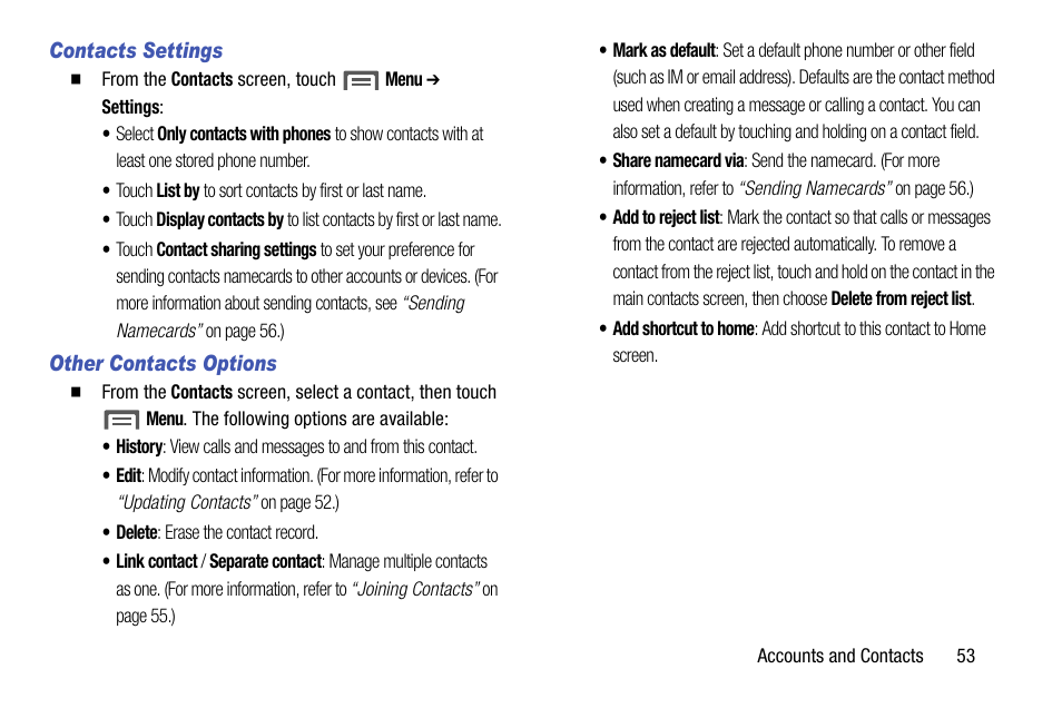 Contacts settings, Other contacts options | Samsung SCH-R960ZKAUSC User Manual | Page 61 / 199