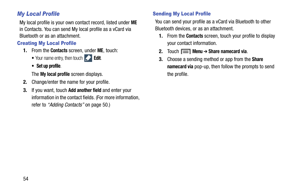 My local profile, Creating my local profile, Sending my local profile | Samsung SCH-R960ZKAUSC User Manual | Page 62 / 199