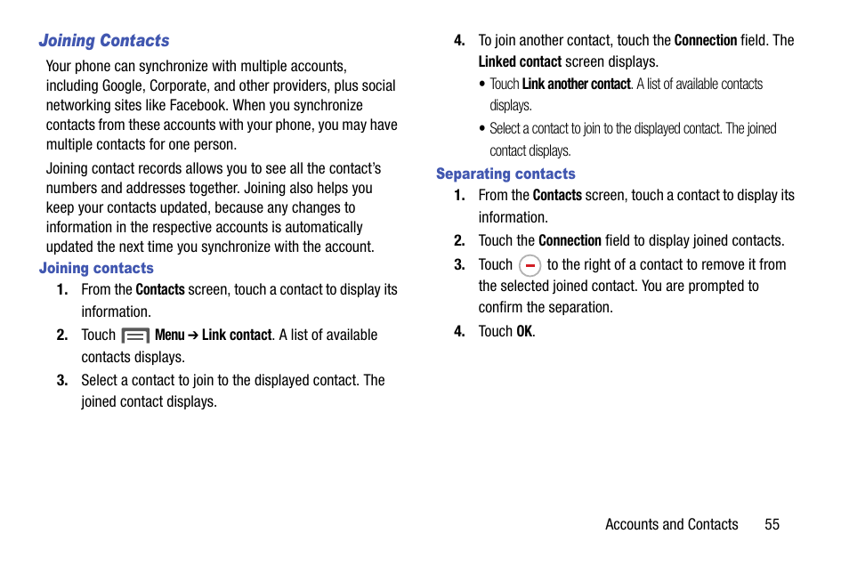 Joining contacts, Separating contacts | Samsung SCH-R960ZKAUSC User Manual | Page 63 / 199