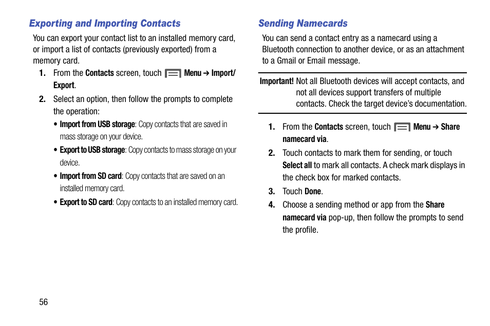 Exporting and importing contacts, Sending namecards, Ntacts, see “sending | Card. (for more | Samsung SCH-R960ZKAUSC User Manual | Page 64 / 199