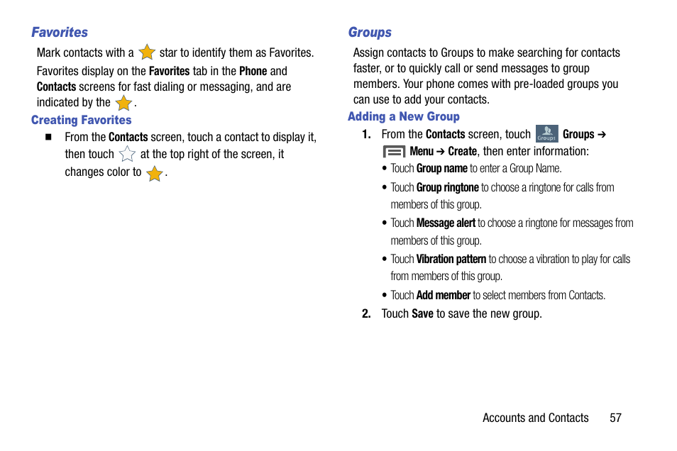 Favorites, Creating favorites, Groups | Adding a new group | Samsung SCH-R960ZKAUSC User Manual | Page 65 / 199