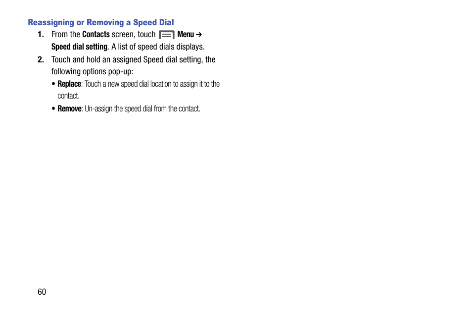 Reassigning or removing a speed dial | Samsung SCH-R960ZKAUSC User Manual | Page 68 / 199