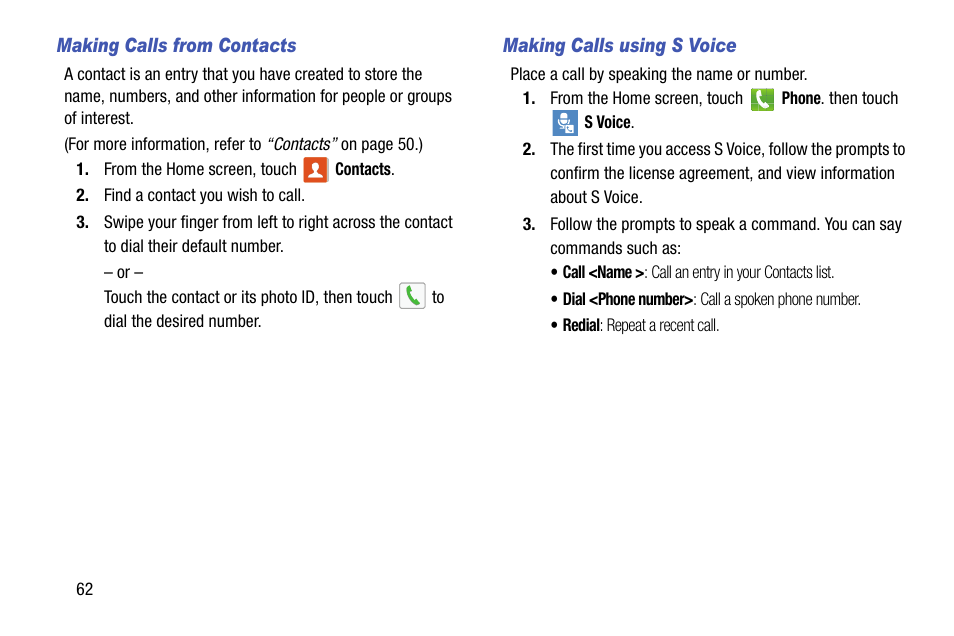 Making calls from contacts, Making calls using s voice | Samsung SCH-R960ZKAUSC User Manual | Page 70 / 199