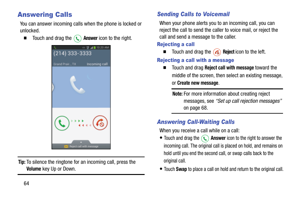 Answering calls, Sending calls to voicemail, Rejecting a call | Rejecting a call with a message, Answering call-waiting calls | Samsung SCH-R960ZKAUSC User Manual | Page 72 / 199