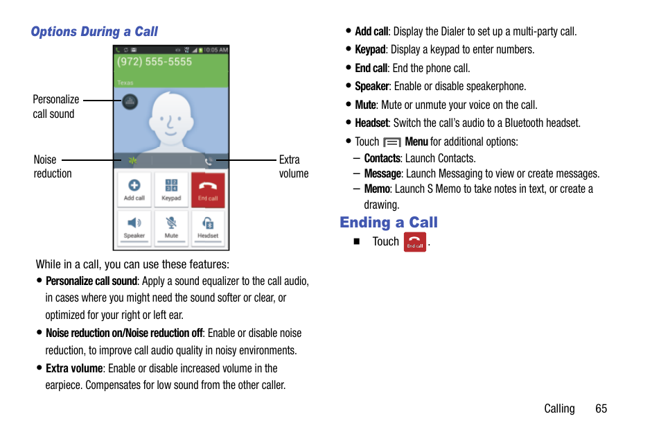 Options during a call, Ending a call | Samsung SCH-R960ZKAUSC User Manual | Page 73 / 199