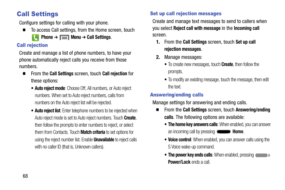 Call settings, Call rejection, Set up call rejection messages | Answering/ending calls | Samsung SCH-R960ZKAUSC User Manual | Page 76 / 199