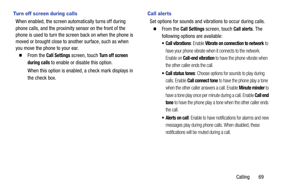 Turn off screen during calls, Call alerts | Samsung SCH-R960ZKAUSC User Manual | Page 77 / 199