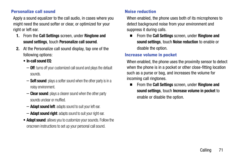 Personalize call sound, Noise reduction, Increase volume in pocket | Samsung SCH-R960ZKAUSC User Manual | Page 79 / 199