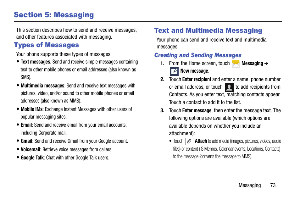 Section 5: messaging, Types of messages, Text and multimedia messaging | Creating and sending messages, Types of messages text and multimedia messaging, Tions. (for more | Samsung SCH-R960ZKAUSC User Manual | Page 81 / 199