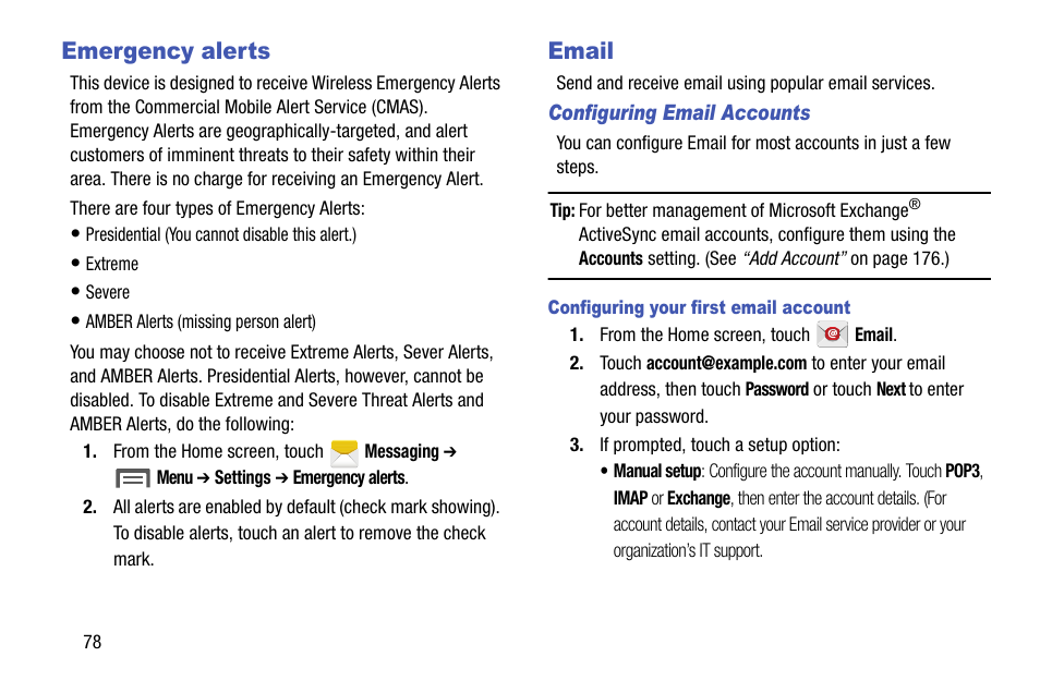 Emergency alerts, Email, Configuring email accounts | Configuring your first email account | Samsung SCH-R960ZKAUSC User Manual | Page 86 / 199