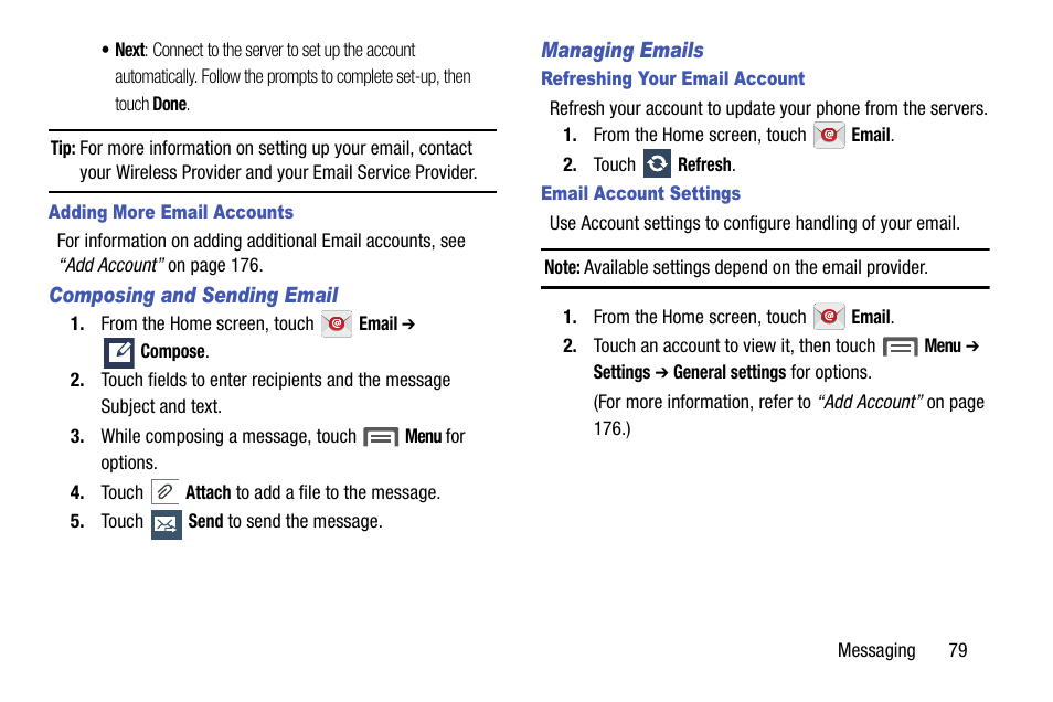 Adding more email accounts, Composing and sending email, Managing emails | Refreshing your email account, Email account settings, Composing and sending | Samsung SCH-R960ZKAUSC User Manual | Page 87 / 199