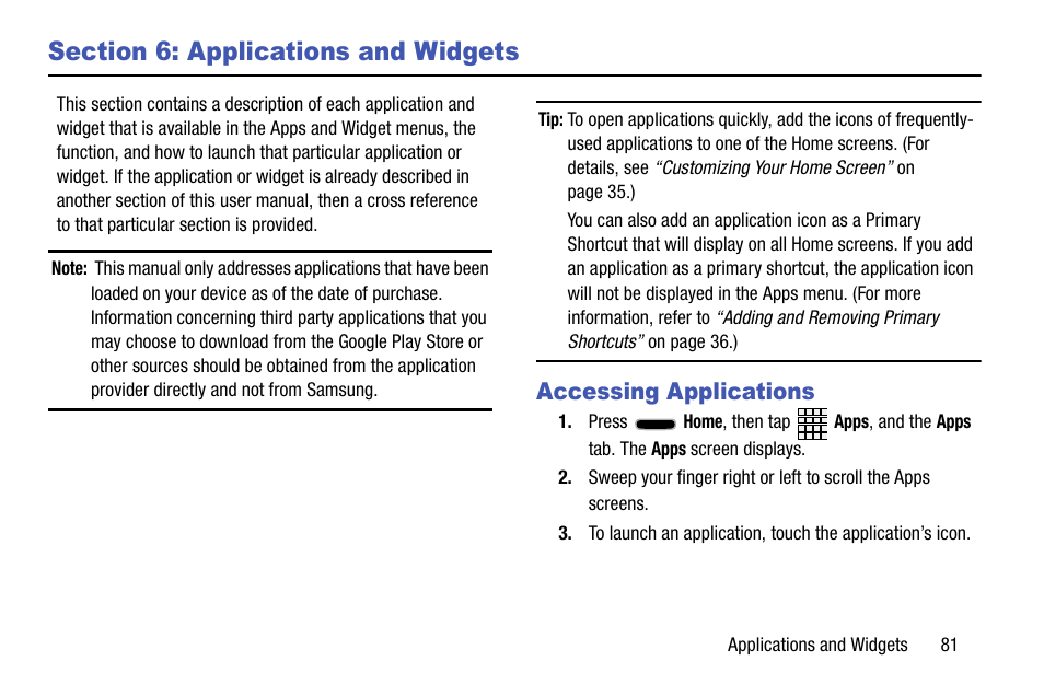 Section 6: applications and widgets, Accessing applications | Samsung SCH-R960ZKAUSC User Manual | Page 89 / 199