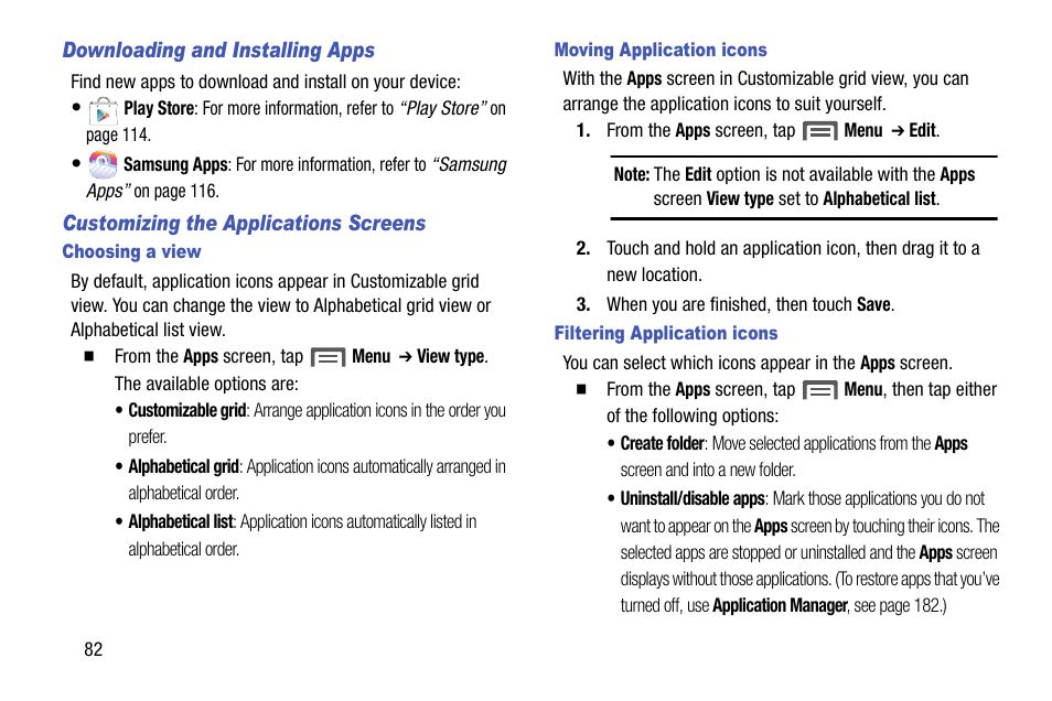 Downloading and installing apps, Customizing the applications screens, Choosing a view | Moving application icons, Filtering application icons | Samsung SCH-R960ZKAUSC User Manual | Page 90 / 199