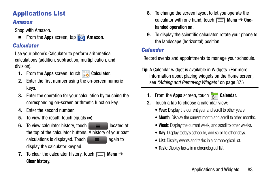 Applications list, Amazon, Calculator | Calendar | Samsung SCH-R960ZKAUSC User Manual | Page 91 / 199