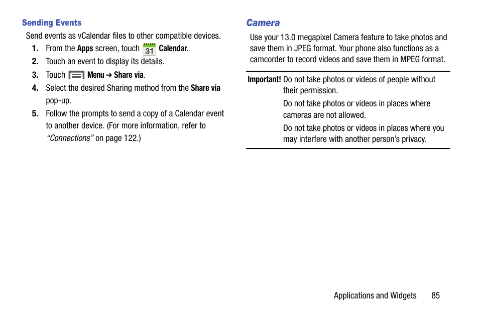 Sending events, Camera | Samsung SCH-R960ZKAUSC User Manual | Page 93 / 199