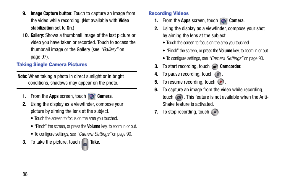 Taking single camera pictures, Recording videos | Samsung SCH-R960ZKAUSC User Manual | Page 96 / 199