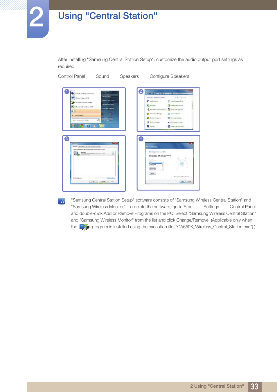 Using "central station | Samsung LC24A650XS-ZA User Manual | Page 33 / 112