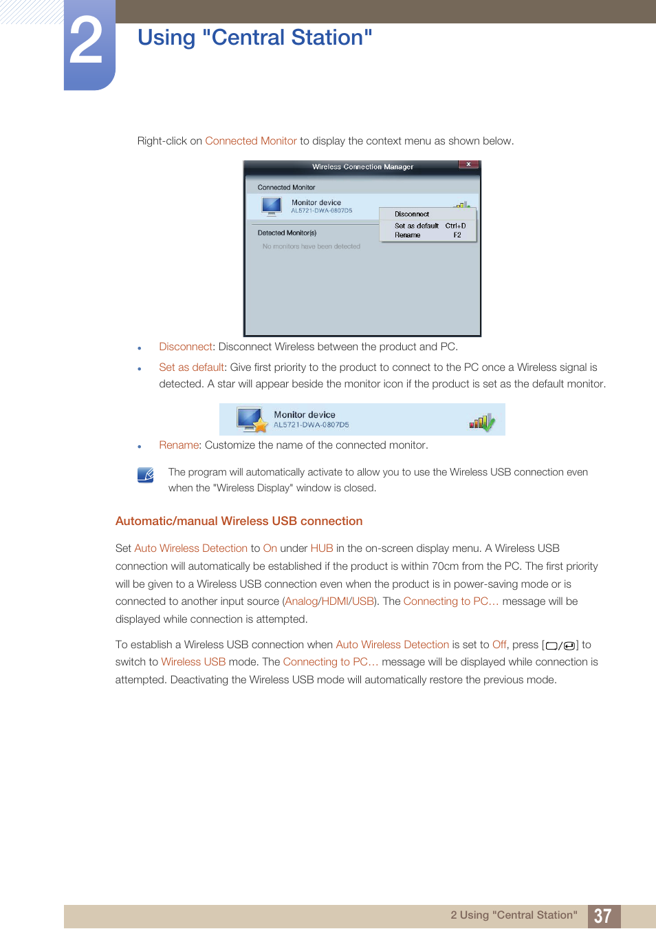 Using "central station | Samsung LC24A650XS-ZA User Manual | Page 37 / 112