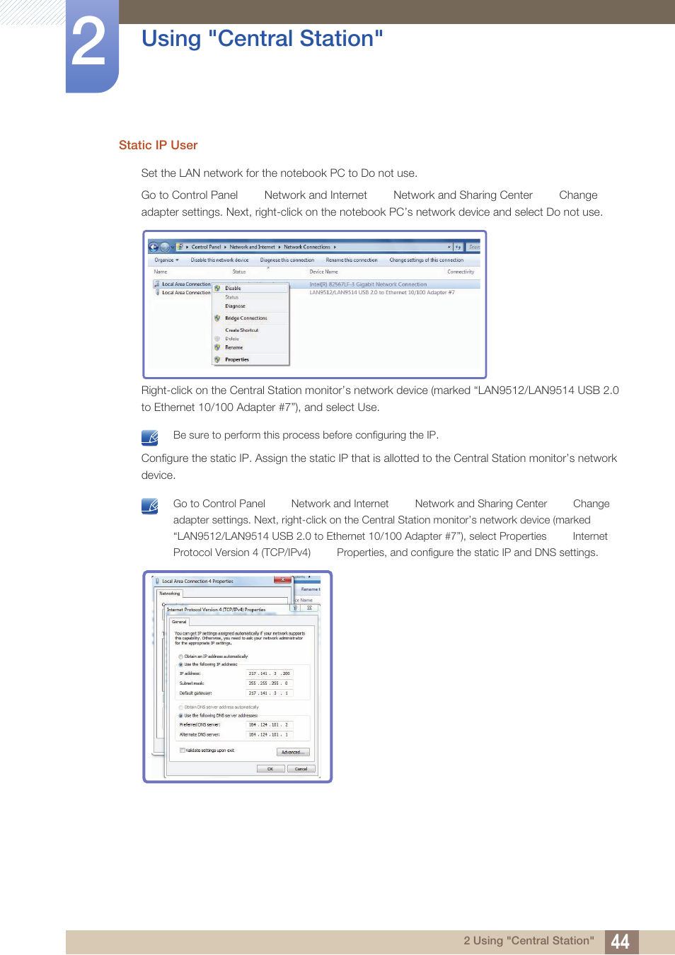 Using "central station | Samsung LC24A650XS-ZA User Manual | Page 44 / 112