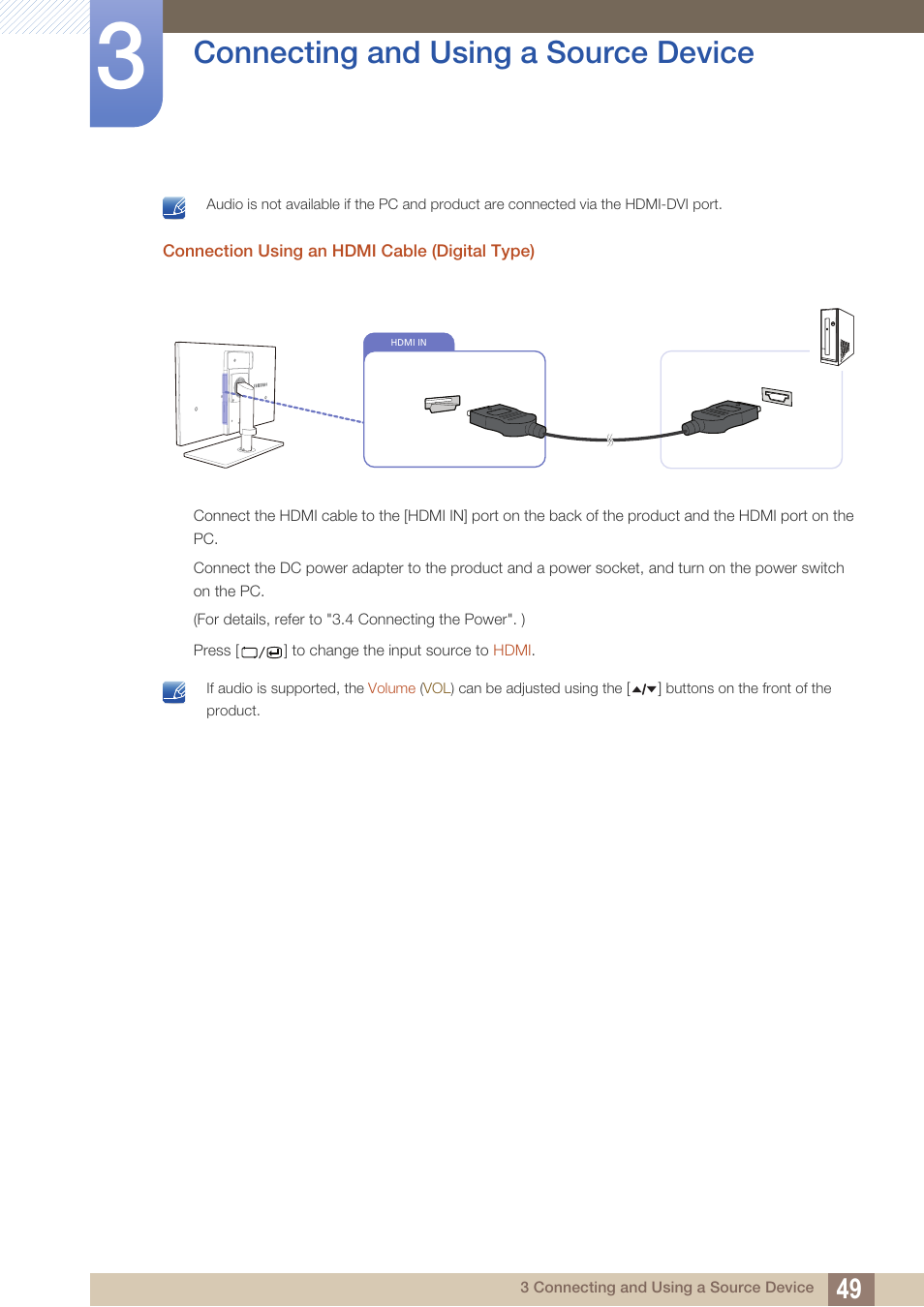 Connecting and using a source device | Samsung LC24A650XS-ZA User Manual | Page 49 / 112