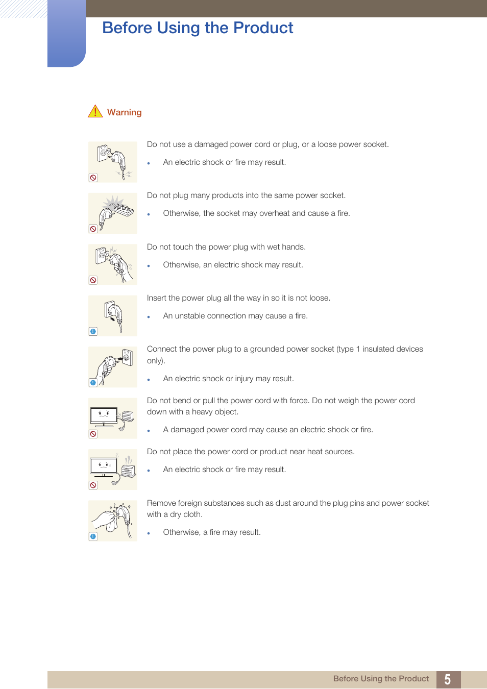 Before using the product, Warning | Samsung LC24A650XS-ZA User Manual | Page 5 / 112