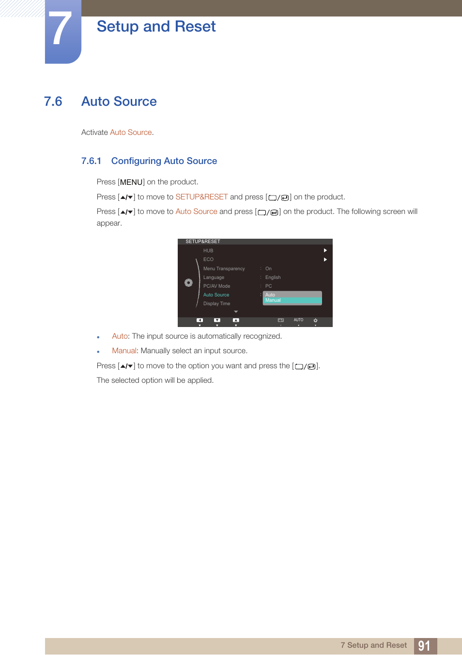 6 auto source, 1 configuring auto source, Auto source | Configuring auto source, Setup and reset | Samsung LC24A650XS-ZA User Manual | Page 91 / 112