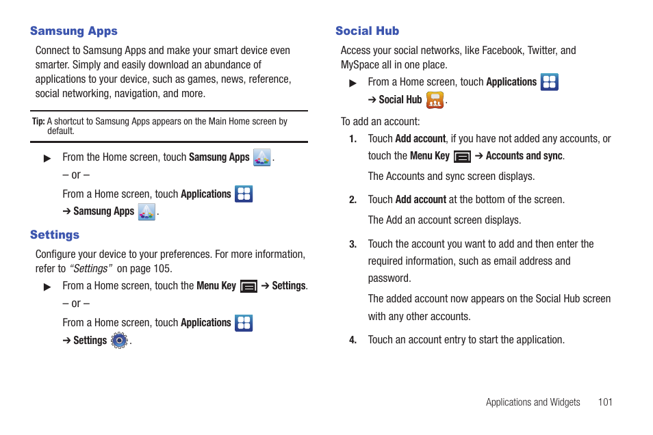 Samsung apps, Settings, Social hub | Samsung apps settings social hub | Samsung YP-G1CWY-XAA User Manual | Page 105 / 176