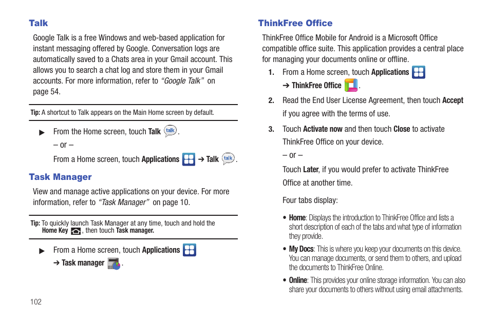 Talk, Task manager, Thinkfree office | Talk task manager thinkfree office | Samsung YP-G1CWY-XAA User Manual | Page 106 / 176