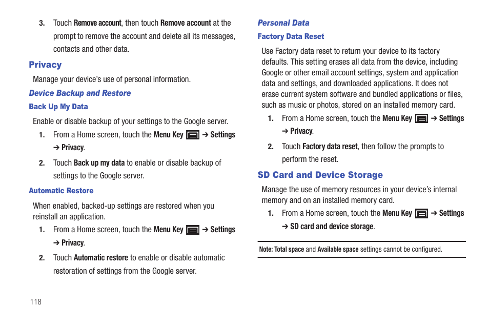 Privacy, Sd card and device storage, Privacy sd card and device storage | Samsung YP-G1CWY-XAA User Manual | Page 122 / 176