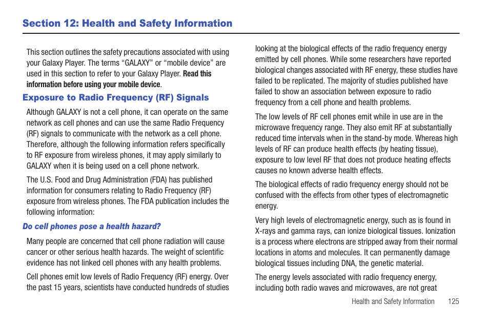 Section 12: health and safety information, Exposure to radio frequency (rf) signals | Samsung YP-G1CWY-XAA User Manual | Page 129 / 176