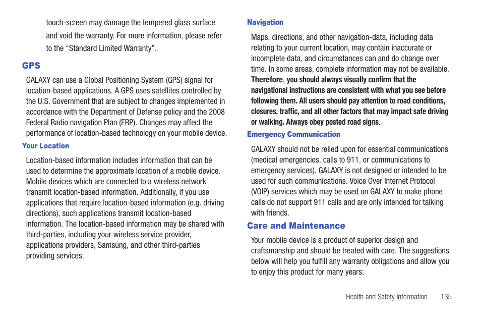 Care and maintenance, Gps care and maintenance | Samsung YP-G1CWY-XAA User Manual | Page 139 / 176